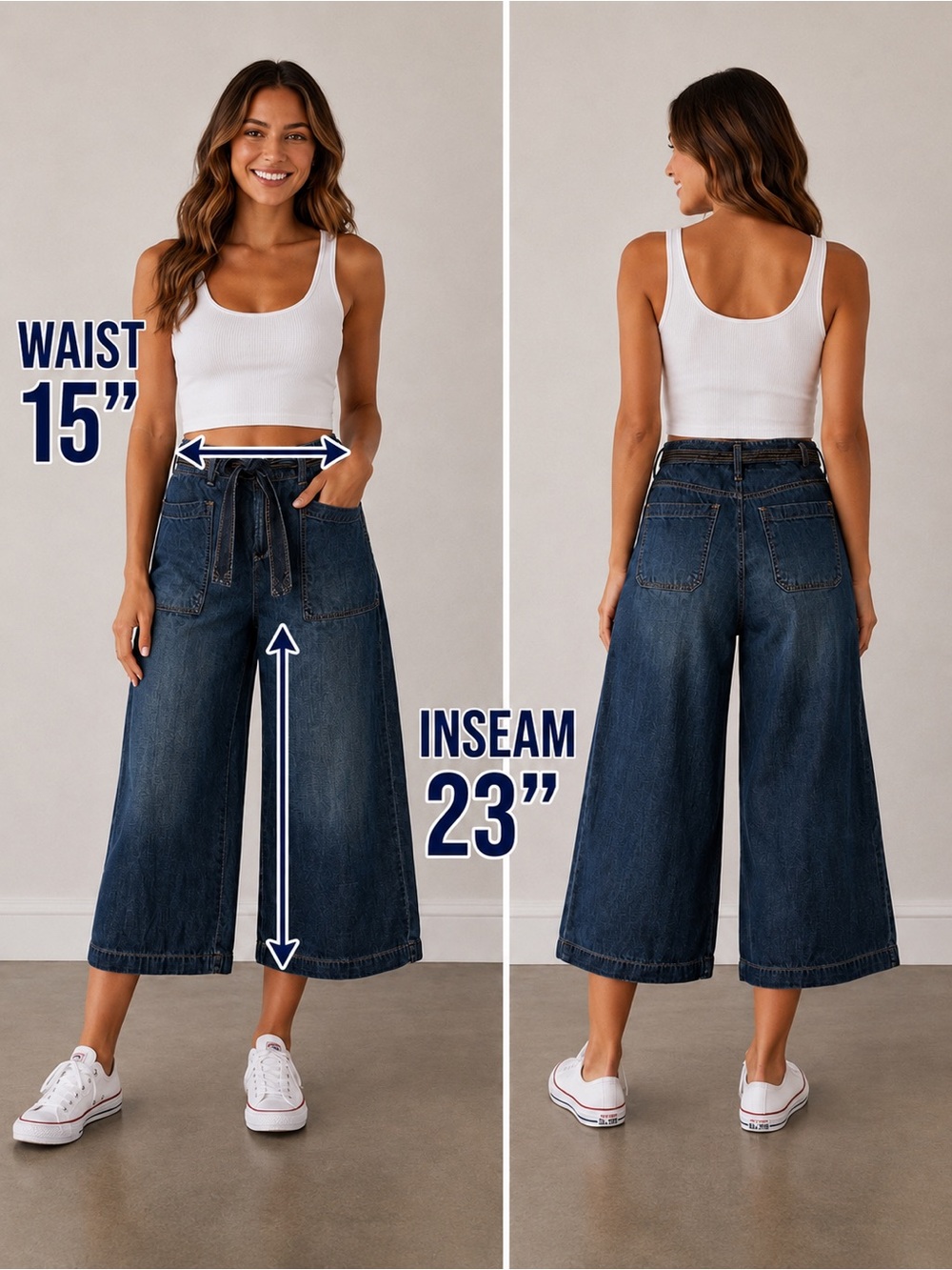 Seven7 Dark Blue Light Tencel Denim Cropped Wide Legged jeans with Gold Logo EUC - Picture 2 of 12
